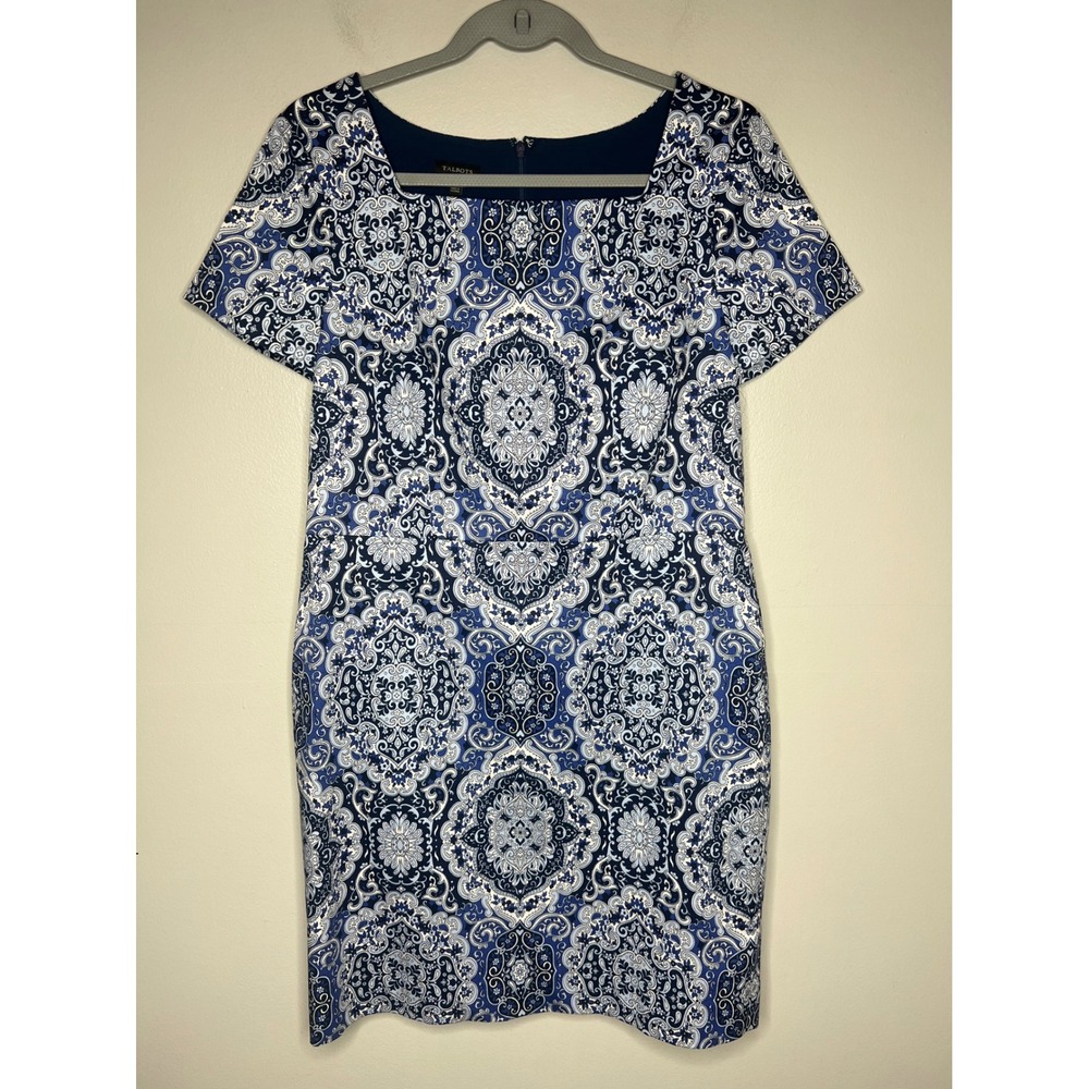 Talbots Paisley Medallion Sheath Dress Navy Blue White Short Sleeve Sz 8 Coastal